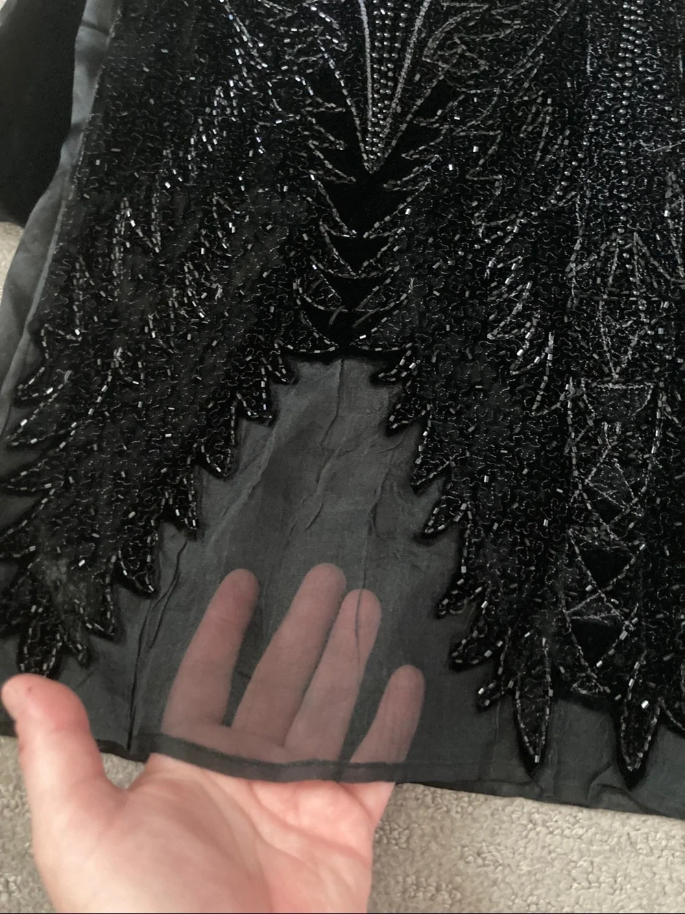 Vintage Echo black beaded silk satin & velvet scarf.